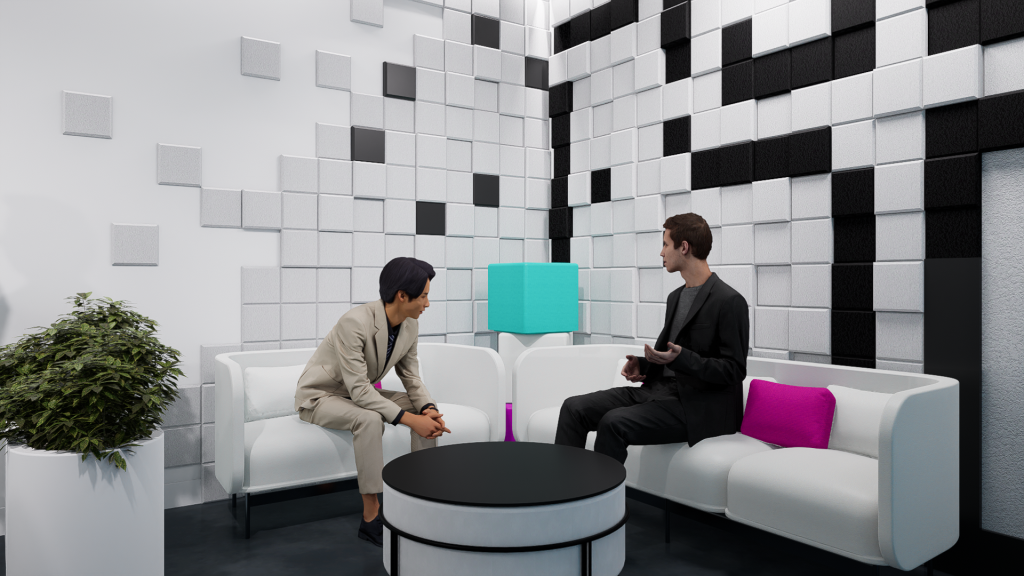 Render 3D del espacio Talk de la Sala Creators